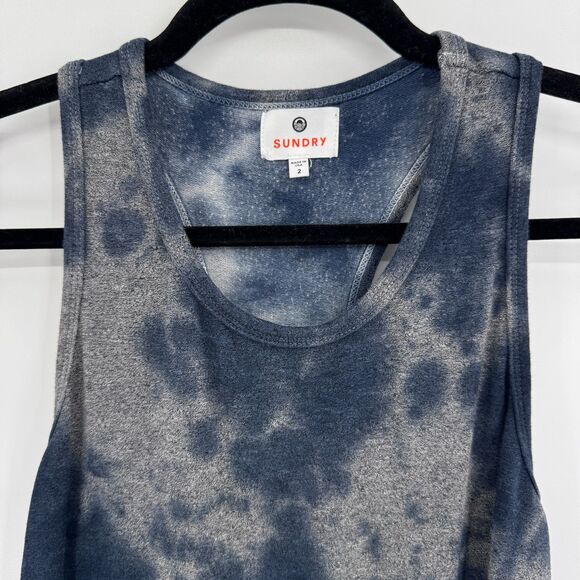 SUNDRY Blue Gray Tie Dye Racerback Drawstring Mini Tank Dress Size 2 - Picture 5 of 8